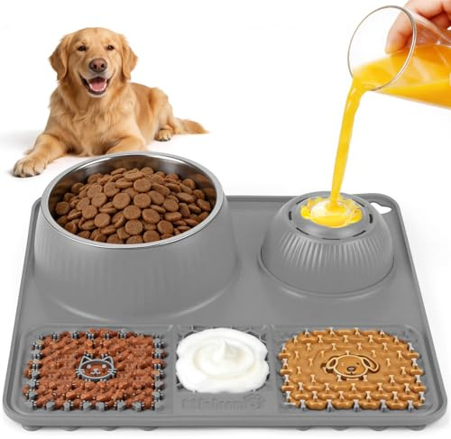 Kkluno 5-i-1 slickmatta för hund och katt med skål och slickboll, stor slow feeder mot slukning och ångest, diskmaskinssäker av silikon och rostfritt stål med sugkoppar (grå)