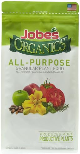 Jobe’s Organics Granular All Purpose Fertilizer, Easy Plant Care Fertilizer for Vegetables, Flowers, Shrubs, Trees, and Plants, 4 lbs Bag