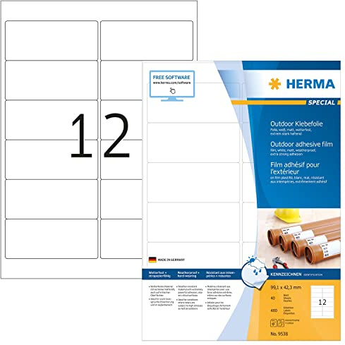 HERMA 9538 väderbeständiga folieetiketter A4 (99,1 x 42,3 mm, 40 ark, polyeten, matt) självhäftande, utskrivbara, extremt stark häftande utomhus filmetiketter, 480 klistermärken, vit