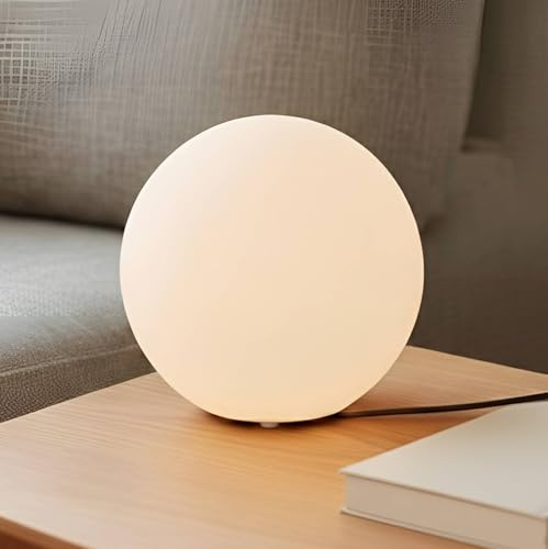 Lindby Tischlampe Kugel Glas weiß, Nachttischlampe 25 cm Tischleuchte Schlafzimmer mit Schnurschalter Wohnzimmer Nachttischleuchte ohne Leuchtmittel