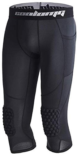 COOLOMG Basketball Hose mit Knieschoner für Kinder 3/4 Kompression Tights Leggings gepolstert Caprihose Schwarz XL