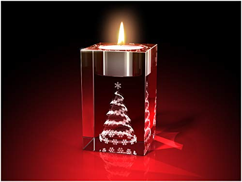GLASFOTO.COM, Weihnachten Teelichthalter, 50 x 80 x 50 mm, Kristallglas 3D Innengravur in Premiumqualität (50 x 80 x 50 mm Weihnachtsbaum Teelicht)