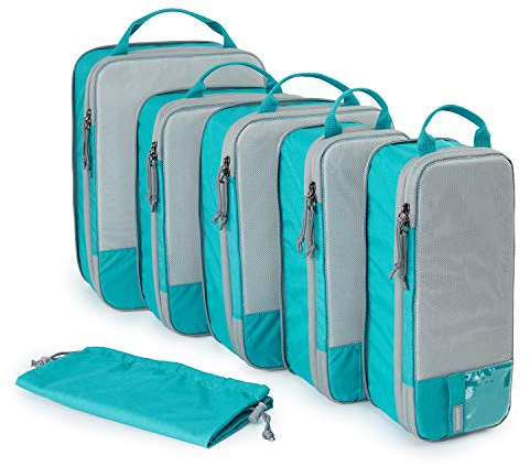 BAGSMART 6 Pièces Organisateur Valise,Sac Compression Voyage,Packing Cubes Réutilisable, Rangement Valise Accessoire,avec Sac à Linge Pratique pour Sac à Dos,Valise,Organiseur,Vert