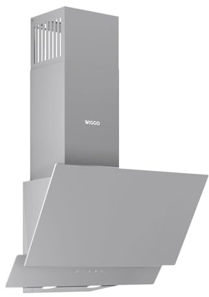 Wiggo Dunstabzugshaube 50cm kopffrei I Abluft Umluft Dunstabzug 300m³/h - LED Touch-Display 3 Stufen I Schräghaube inkl. Fettfilter & 2x Kohlefilter I Abzugshaube mit 2 teiliger Glasfront grau