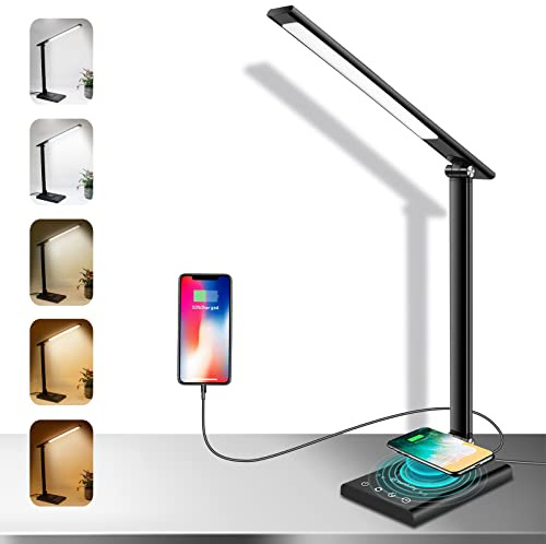 Lámpara LED de escritorio con cargador inalámbrico rápido y puerto de carga USB, lámpara de mesa de 12 W con 35 luces ajustables, control táctil y función de memoria, lectura, estudio (negro)