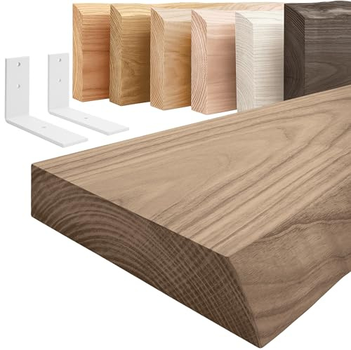 LAMO Manufaktur Holzregal mit weißen L-förmigen Halterungen | Wand Regal 160 cm breit für Badezimmer, Flur, Küche im Industrial-Stil | Farbe: Nussbaum, Kante: natürlich | Massivholz, Vintage-Charakter