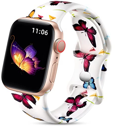 Upeak Doppelseitiges Blumenarmband Kompatibel mit Apple Watch Armband 38mm 40mm 41mm 42mm(Series 11/10), Silikon Armbänder für iWatch 11/10/9/8/7/6/5/4/SE 3, 38 40 41 42mm(S 11/10)-S/M, Schmetterling