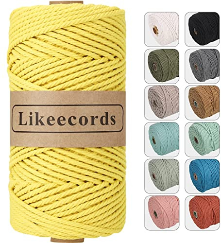 Likeecords Makramee Garn 4mm x 100m,Natürliches Baumwollschnur, Makramee-Seil,Bunte Bastelkordel aus Baumwolle für Taschen, Wandbehänge, Pflanzenaufhänger (gelb)