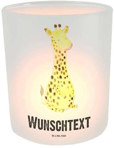 Mr. & Mrs. Panda Personalisiertes Windlicht Giraffe Zufrieden - Personalisierte Geschenke, Windlichter für Teelichter, Windlichtgläser, mit Namen, Afrika, Kerzengläser, Abenteuer, Windglas, Glück