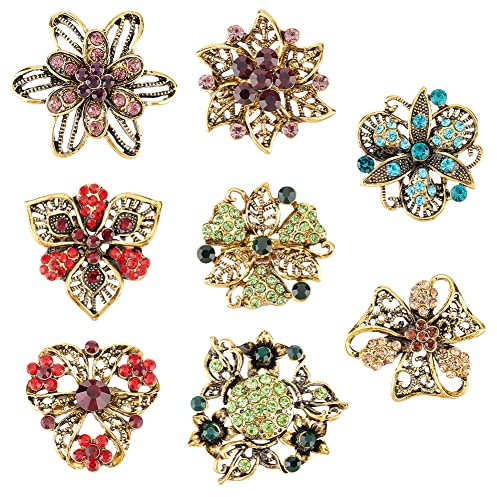 PandaHall 8 estilos vintage broches de flores con diamantes de imitación de cristal antiguo chapado en oro plateado broche de flores coloridas para mujer ropa mochilas decoración del hogar fiestas