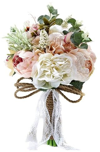 HXSCOO Künstlicher Pfingstrosen-Rosen-Blumenstrauß for Braut und Brautjungfer, handgefertigter Hochzeitsstrauß, Seiden-Brautstrauß mit Blumen