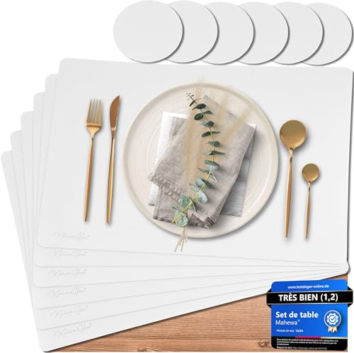 Mahewa® 6er Set Premium Tischset aus Kunstleder - Platzset abwaschbar und wasserdicht - Platzdeckchen Telleruntersetzer in Lederoptik (Weiß, Eckig)