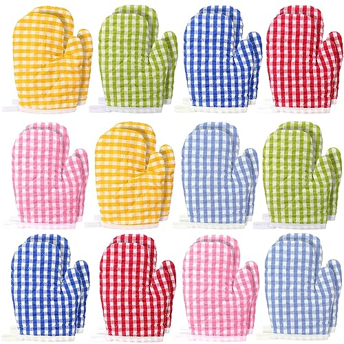 Uiifan 12 Pairs Oven Mitt for Kid Heat Resistant Kitchen Mitt Checkered Oven Mitten for Safe Baking Cooking BBQ Microwave Grilling