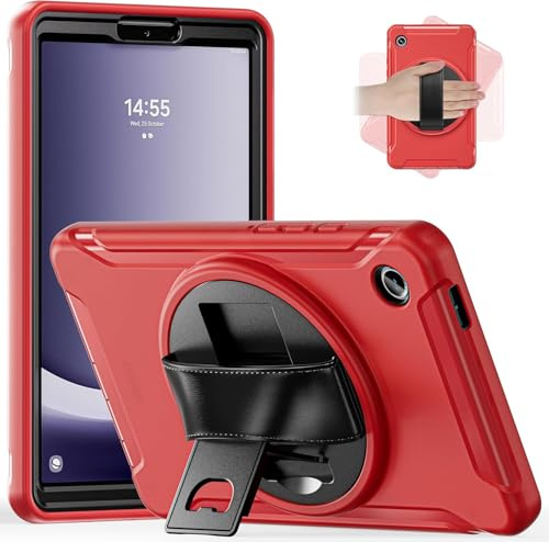 Junfire Coque Antichoc pour Samsung Galaxy Tab A9 8,7 2023 SM-X110/X115/X117, Coque de Protection pour Enfants avec béquille rotative, dragonne pour Tablette Samsung A9 - Rouge