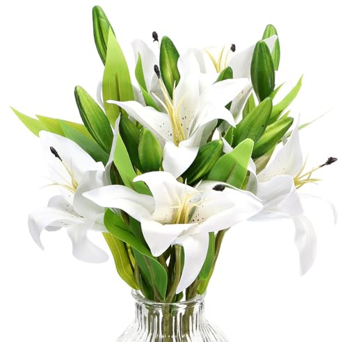 PATIKIL Lirio Falsas Flores, 6uds Lirio Artificiales Flores Blancas Flores Artificiales Lirio Seda Imitación Flores en Jarrón Real Toque para Casa Decoración Mesa Centro, Blanco
