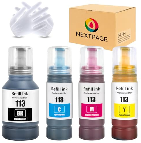 Nextpage 113 Tinte kompatibel für Epson 113 Nachfüllflasche Tinte für Epson EcoTank ET-5150 ET-5170 ET-5800 ET-5850 ET-5880 ET-16150 ET-16650 ET-16600 ET-M16600, ET-16680 ET-M16680 (4 Packungen)