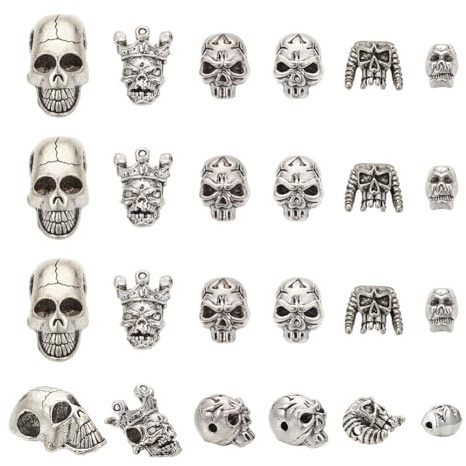 NBEADS 24 Stück Totenkopf-Perlen aus Legierung, 6 Stile, Skelettperlen im tibetischen Stil, antikes Silber, Halloween-Perlen, für Schmuckherstellung