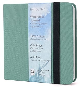 tumuarta Quadratisches Aquarell-Tagebuch, 12 x 12 cm, 300 g/m², 100 % Baumwolle, Kaltpresse, 24 Blatt, 48 Seiten, Aquarell-Tagebuch zur Verwendung als Reise-Skizzenbuch und gemischter Media-Block für