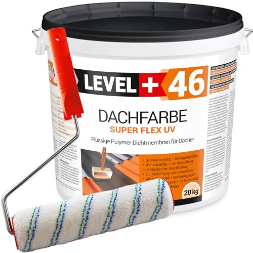 LEVEL+ Dachfarbe 20kg Ziegelrot, Sockelfarbe, Dachlack, Dachsanierung, Flexibler Polymermembran Wetterbeständig + Farbroller 25cm Mikrofaser mit Bügel Set RM46