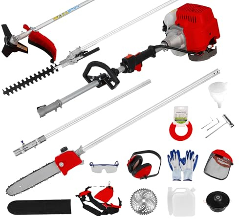 Gas Power Hedge Trimmer, 52CC Multi-Functional Petrol Weed Wacker Gas String Trimmer/Edger Backpack Pole Saw Trimmer Brush Cutter Weed Eater Gas Powered Lawn Trimmer Red (Red 5IN1)