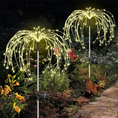 Luces Solares Jardín Exterior, 2 Piezas 150 LED Solares Fuegos Artificiales Luces, 8 Modos Solares Jardín Decoración Impermeable Luz Solar Exterior Para Patio Trasero Camino Césped Terraza Balcón