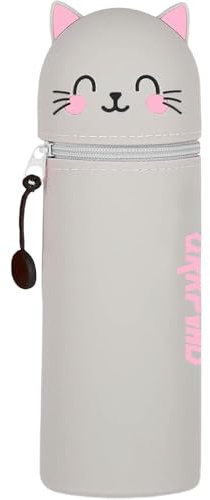 QRKPVHD Kawaii Federmäppchen, 2-in-1 Weiche Silikontasche, Stand Up Federmäppchen, Tier Stifthalter, Stifthalter Bleistifttasche Mädchen Junge (Graue Katze)