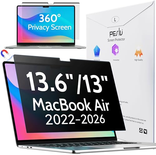 Peslv Magnetischer 360° Sichtschutz für MacBook Air 13,6 Zoll (2022-2024, M2, M3), abnehmbar, matt, blendfrei, Blaulichtschutz, 4-Wege-Sicherheitsfilter für 13 Zoll Mac-Laptop Computer