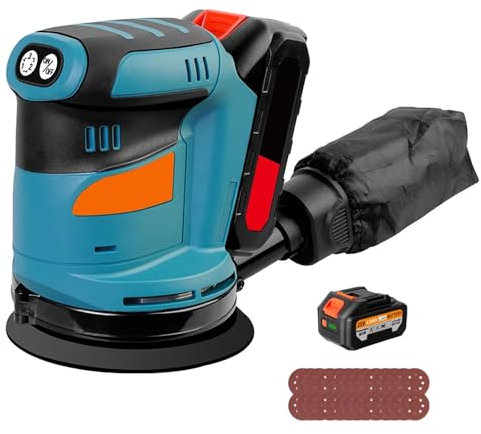 Ponceuse électrique sans fil avec 2 batteries, 20 feuilles de papier de verre et sac à poussière avec 3 vitesses variables 7000-9500-11000 RPM Ponceuse à bois alimentée par batterie