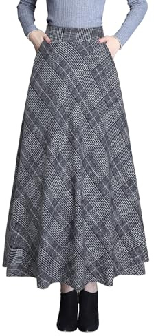 Gonna Lunga Donna Invernale Lana Vita Alta a Quadri Gonne Light gray -XL