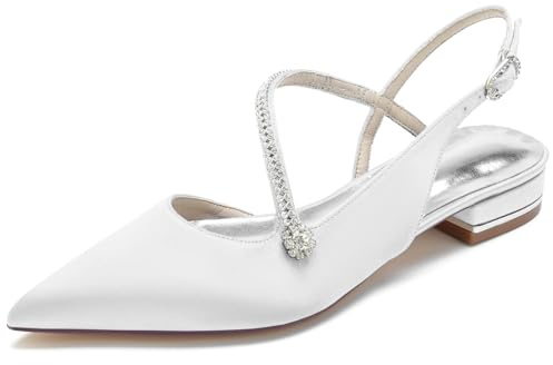 Femmes Ballerines Robe Escarpins avec Strass Fermé Bout Pointu Slingback Sandales Mariée Cheville Bride Satin Chaussures De Mariage