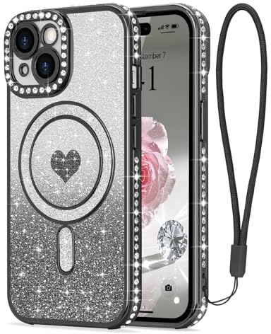 LAPOPNUT Magnetic Glitter Case for iPhone 14 with Wrist Strap,Black | Compatible with MagSafe, Sparkly Phone Cover for Girls Women, Sparkle Rhinestone Rasied Camera Protection,Bling Glittery Cute
