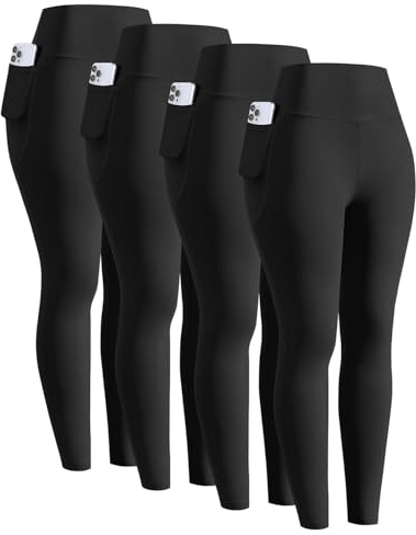 ATTIQOZI 4 Pack Sportleggings Mädchen Lang Mit Handytasche Komfortable Hohe Taille Sporthose Elastisch Yogahose Kompressionsleggins Tanzhose für Jogging Gymnastik 4 Schwarz M