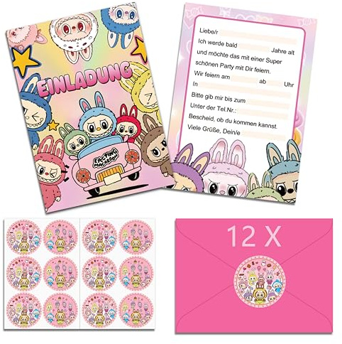 12 x Einladungskarten Kindergeburtstag Mädchen mit Umschlag Deutsch | Geburtstagseinladungen Mädchen, Cartoon Einladungskarten Geburtstag Set für Themed Party (A6)