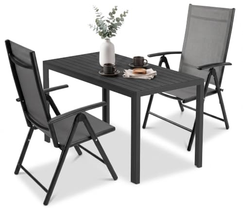 LIFERUN 3-Teiliges Gartenmöbel Set, Aluminium Balkonmöbel Set, 2pcs Verstellbare Hochlehner Klappstühle +110x70cm WPC Wetterfest Rechteckiger Terrassentisch,Essgruppe Sitzgruppe Outdoor, Schwarz
