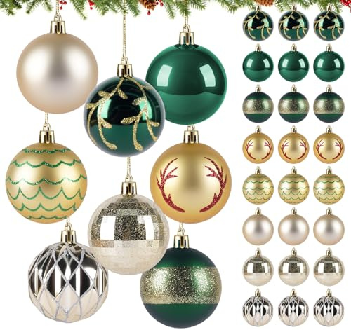 Agoer Weihnachtskugeln Kunststoff 24 er,6CM Weihnachtsbaum Bälle Grün Gold, 8 Designs Matt und Glänzend,Glitzernde Weihnachtsbaum Kugeln mit Aufhänger,Traditionelles Baumkugeln Für Festliche Eleganz