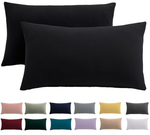 Set di 2 federe 40 x 70 cm, colore nero, per cuscino, 100% microfibra, non necessita di stiratura e senza pieghe con chiusura lampo