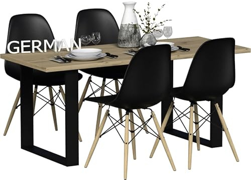 GERMAN Essgruppe LOFT – Esstisch 120x60 cm mit Eiche Artisan Tischplatte & schwarzen Beinen + 4 Stühle Osaka Schwarz mit Holzbeinen – Moderner Esszimmer Set im Loft & skandinavischen Stil