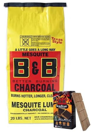 B&B Charcoal + 24 Firelighting Squares | Long-Lasting, Clean-Burning Charcoal Briquets for BBQ, Grilling & Smoking | No Chemicals or Fillers (20lb Mesquite + Firelights)
