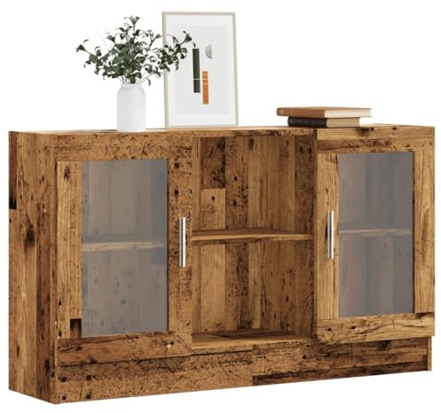 Vitrinenschrank aus Glas, Sideboard aus Holzwerkstoff mit Verstellbaren Regalen für Wohnzimmer, Esszimmer (Altes Holz #15)