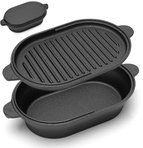 Olla de hierro fundido 2 en 1 de 2 l, ovalada de 28 cm, de hierro fundido, 2 l, precocida para hornear pan, guisar, inducción, horno con tapa