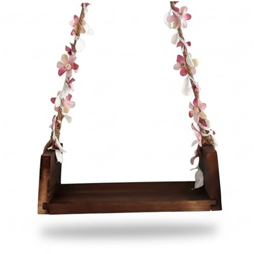 Newborn Photography Props Newborn Swing, Wooden Baby Swing for Photography Macrame Hanging Seat with Floral Rope for Photo Props, Safe & Comfortable