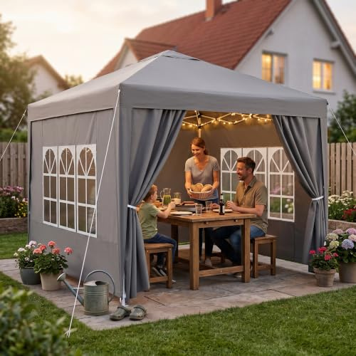Soontrans Pavillon mit Seitenwänden für Geschützte Gartenmittelpunkt & Beisammensein, Pavillon 3x3 Wasserdicht Stabil Winterfest, Höhenverstellbar, Pop-up Rahmen & Sandsäcke & Tragetasche (Grau)