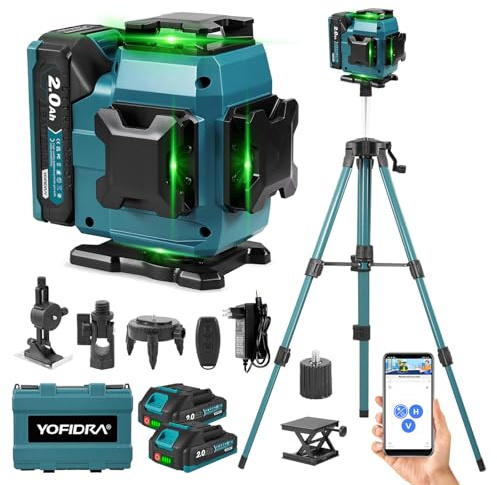 Yofidra Korslinjelaser med stativ – 4 x 360° 16-linjers grön lasernivå, självnivellerande korslinjelaser med 2 x 2000mAh batterier, fjärrkontroll, IP54, för byggprojekt och renoveringar