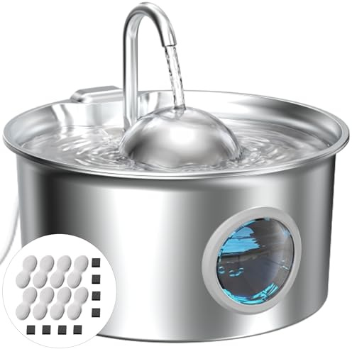 Fontaine Eau Chat Inox: Fontaine à Eau pour Chat - 2,6L Fontaines Chats - Distributeur Eaus Chats Ultra Silencieux - Forme hémisphérique - Distributeur Chiens avec 8 Filtres + 8 Éponges