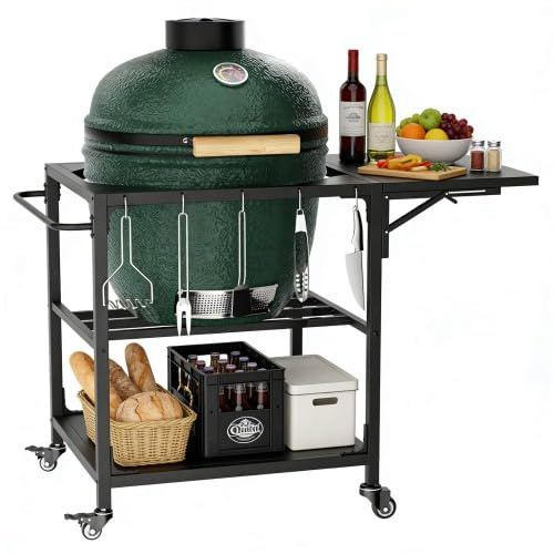 Tavolo per barbecue da esterni per Big Green Egg XL, pieghevole, resistente alle intemperie, con ruote e superficie d'appoggio, robusto carrello in metallo per terrazza, giardino, balcone