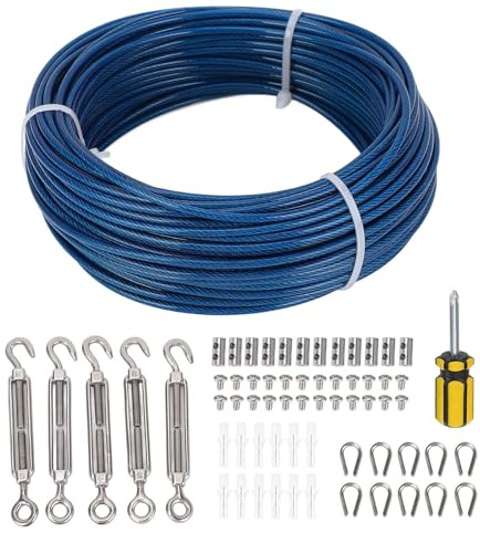 Wire Rope Turnbuckle Tensioner Kit 100ft Blue Plastic Coated Steel Wire Trellis Kit for Outdoor Clothesline Plant Fence Line Hanging Lights Garden Support 3mm Diameter 304