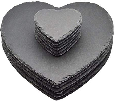 Argon Tableware 12 Piece Heart Slate Placemats & Coasters Set - Black Natural Stone Dinnerware Plate Placemats Drink Mats for Kitchen, Home, Bar, Restaurant, Weddings, Events