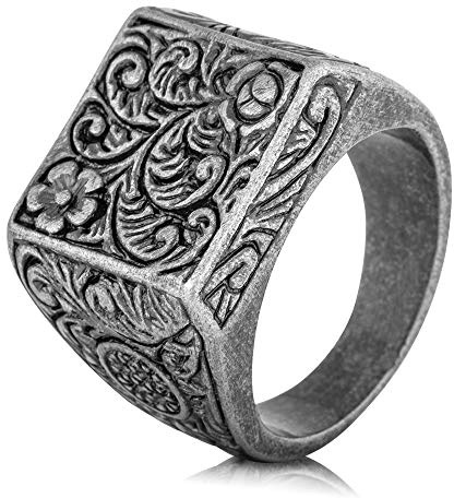Akitsune Floris Ring | Bague design femmes hommes acier inoxydable Grand sceau floral ornemental - Argent antique - US 11
