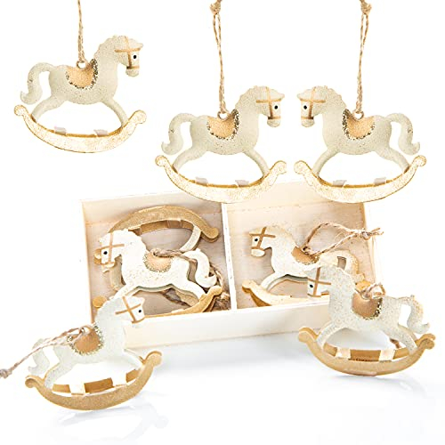 Decorazioni natalizie in metallo a forma di cavalluccio a dondolo, 8 pezzi: pendenti natalizi eleganti per albero di Natale e regali, addobbi natalizi da appendere beige, crema e oro, 5,5 x 6,5 cm