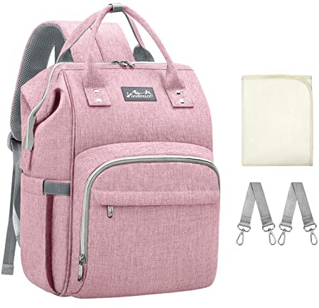 Viedouce Borsa per Pannolini Zaino Fasciatoio, Zaino Mamma,Impermeabile Resistente Ai Graffi Stoffa Oxford Grande Capacità Borsa, con Fasciatoio Portatile e 2 Ganci di Passeggino (Rosa)